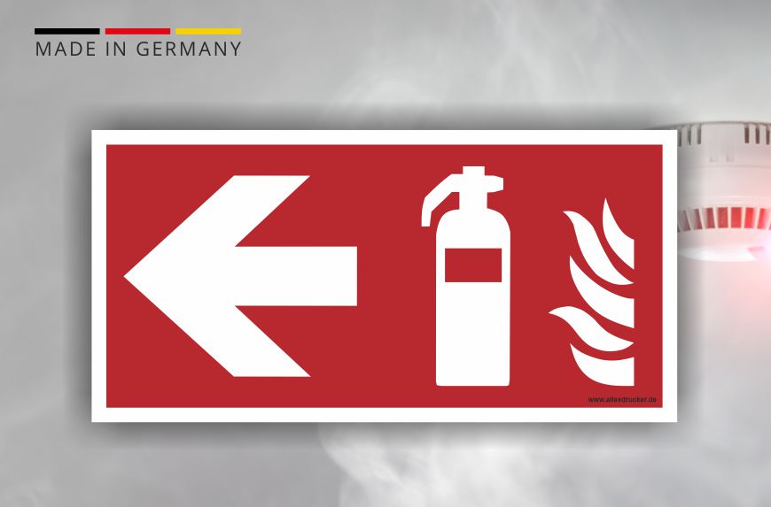 Brandschutzzeichen - Feuerlöscher mit Pfeil links ☆ Brandschutzschilder  Online