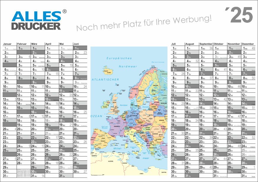 Kalender 2025 mit Landkarte Europas - DIN A1 